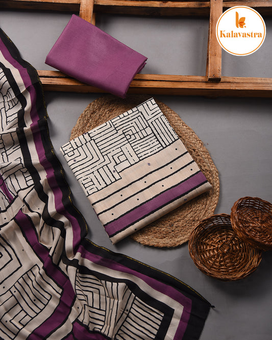 Beige With Purple - Cotton Glazed - Printed With Embroidery - Unstitched Suit Fabric With Muslin Dupatta