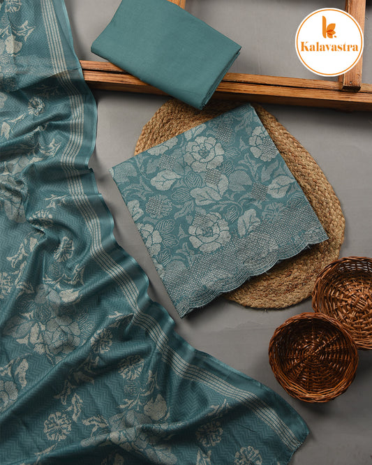 Aqua Green - Cotton Glazed - Printed With Embroidery - Unstitched Suit Fabric With Cotton Dupatta