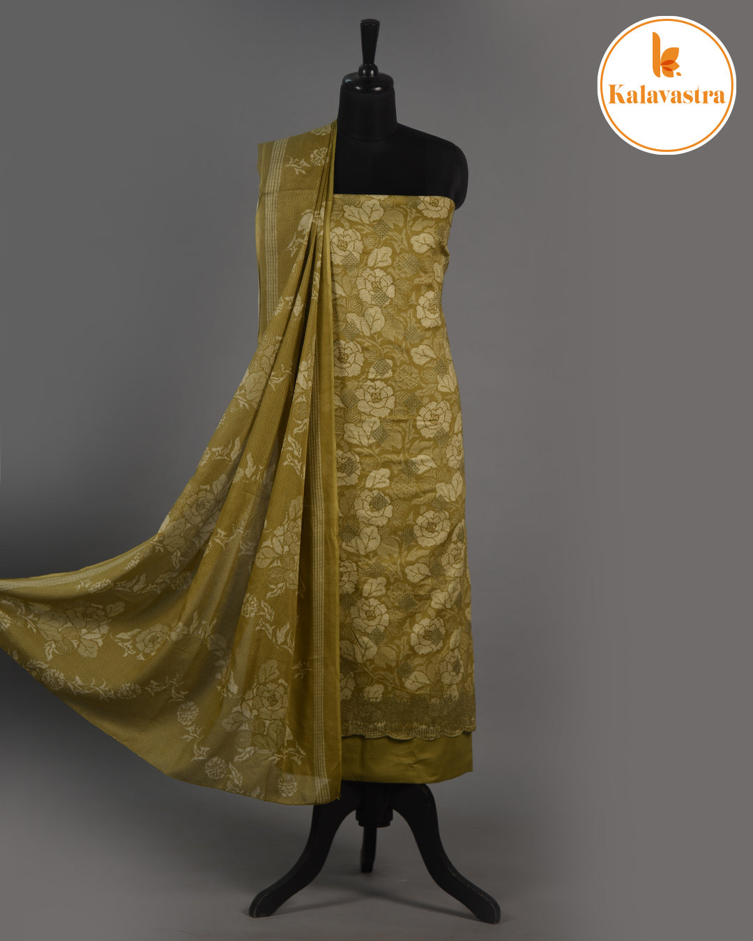Mehandi Green- Cotton Glazed - Printed With Embroidery - Unstitched Suit Fabric With Cotton Dupatta