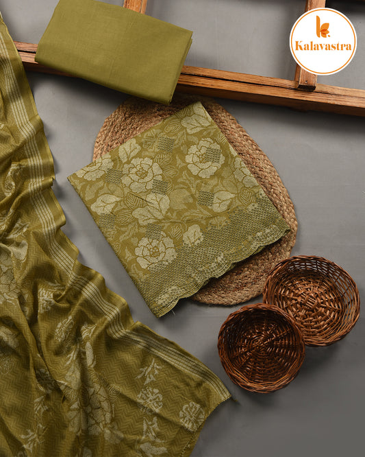 Mehandi Green- Cotton Glazed - Printed With Embroidery - Unstitched Suit Fabric With Cotton Dupatta