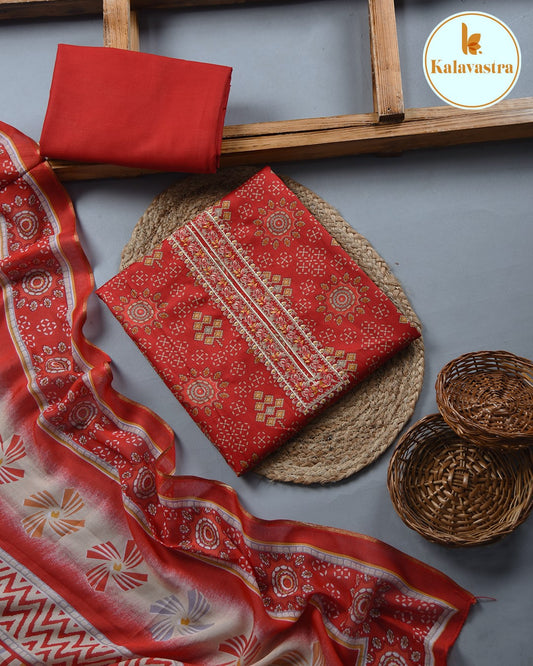 Red - Cotton Glazed - Printed With Embroidery - Unstitched Suit Fabric With Muslin Dupatta