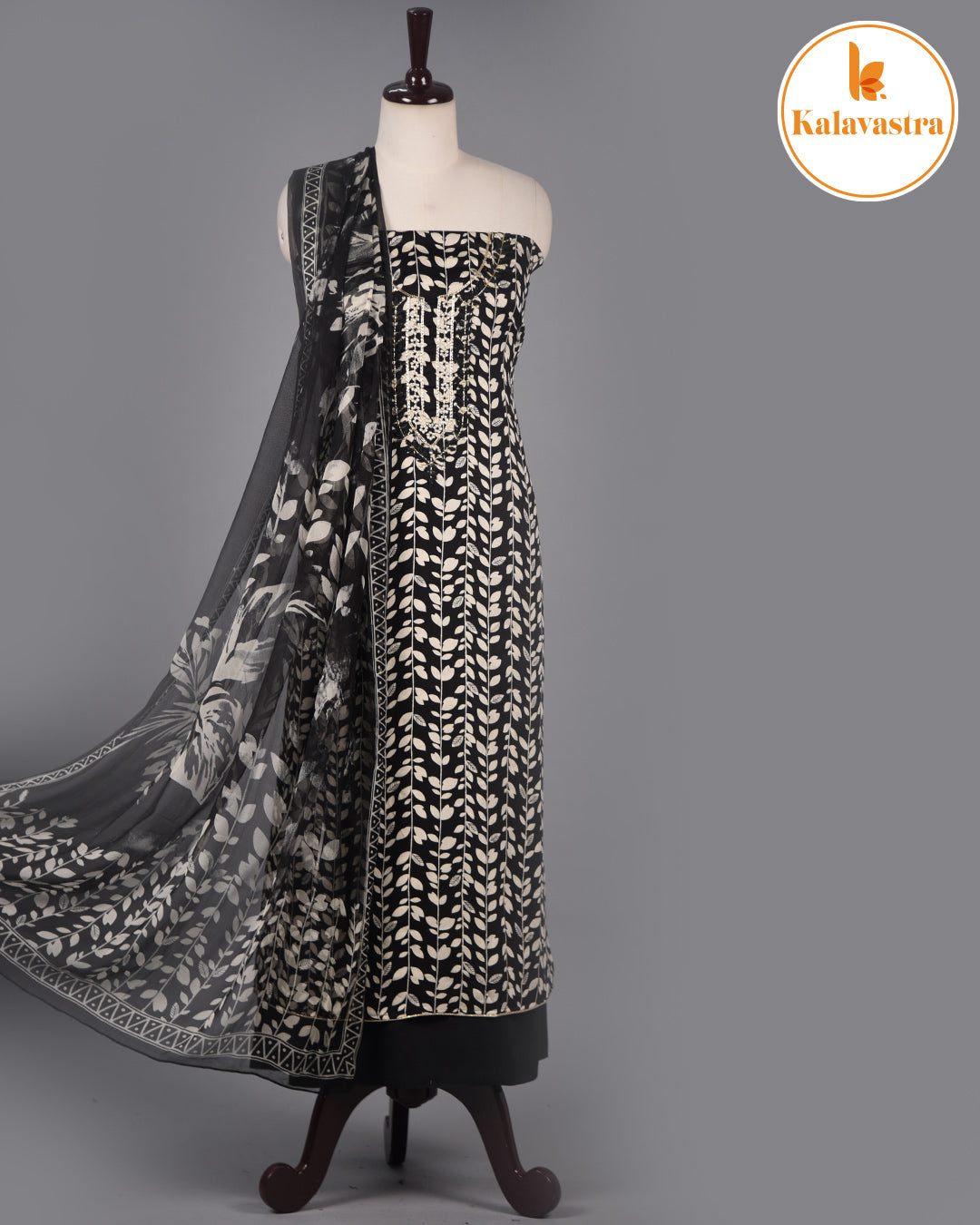 Black- Cotton Glazed - Printed With Embroidery - Unstitched Suit Fabric With Chiffon Dupatta