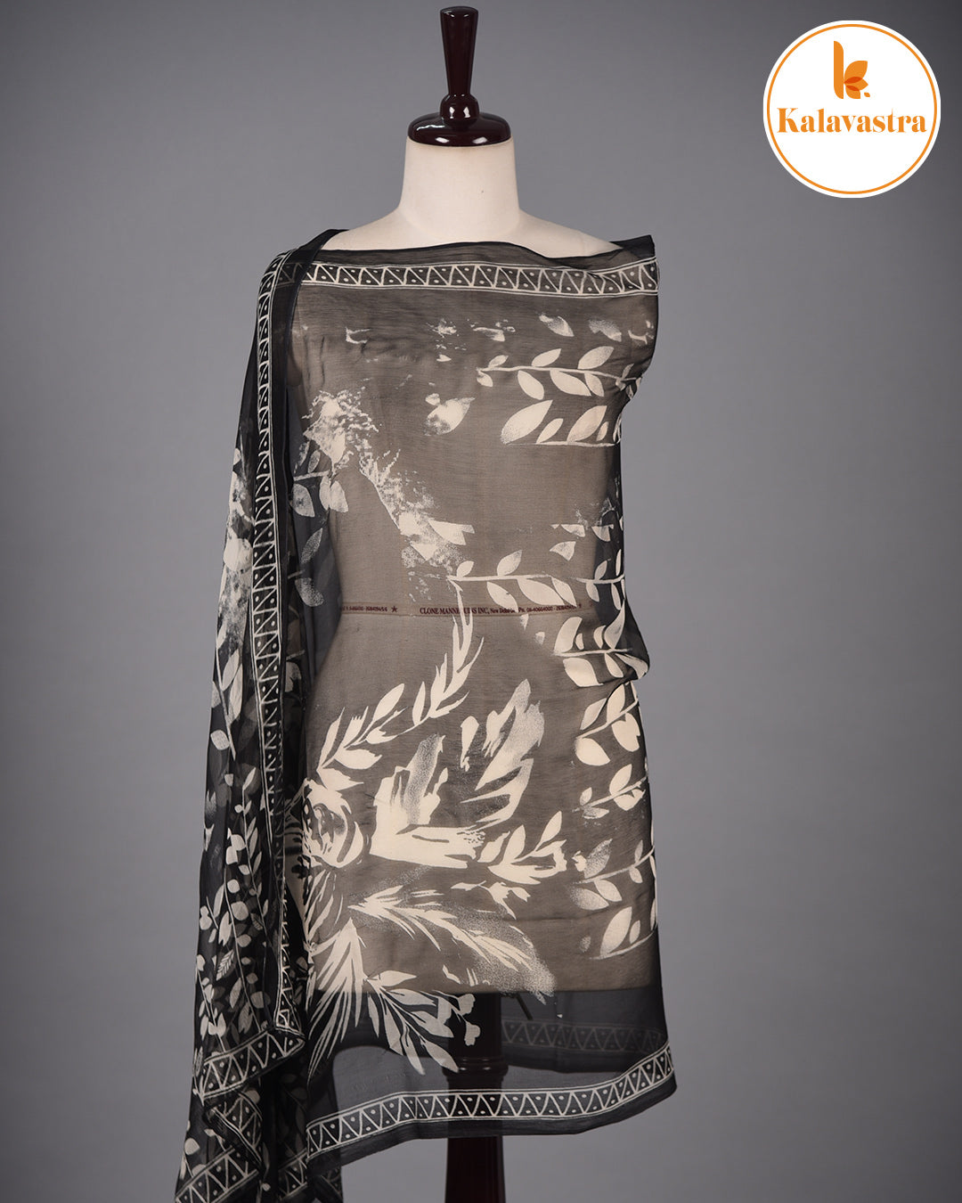 Black- Cotton Glazed - Printed With Embroidery - Unstitched Suit Fabric With Chiffon Dupatta