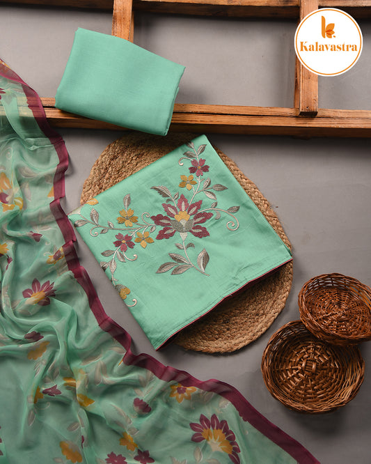 Green - Cotton Glazed - Embroiderd - Unstitched Suit Fabric With Chiffon Printed Dupatta