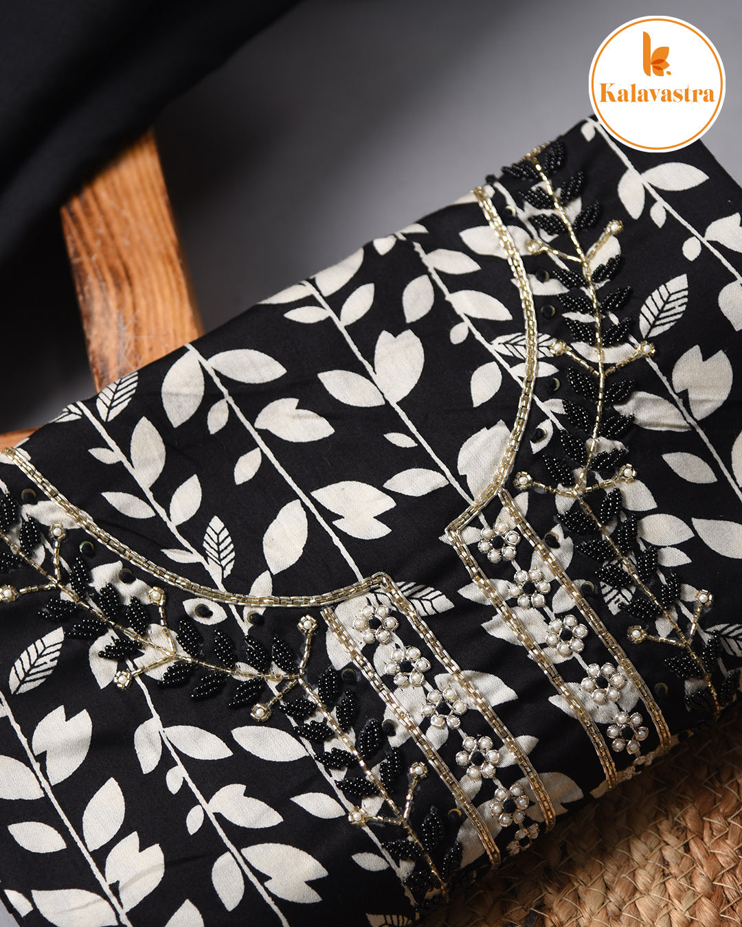 Black- Cotton Glazed - Printed With Embroidery - Unstitched Suit Fabric With Chiffon Dupatta