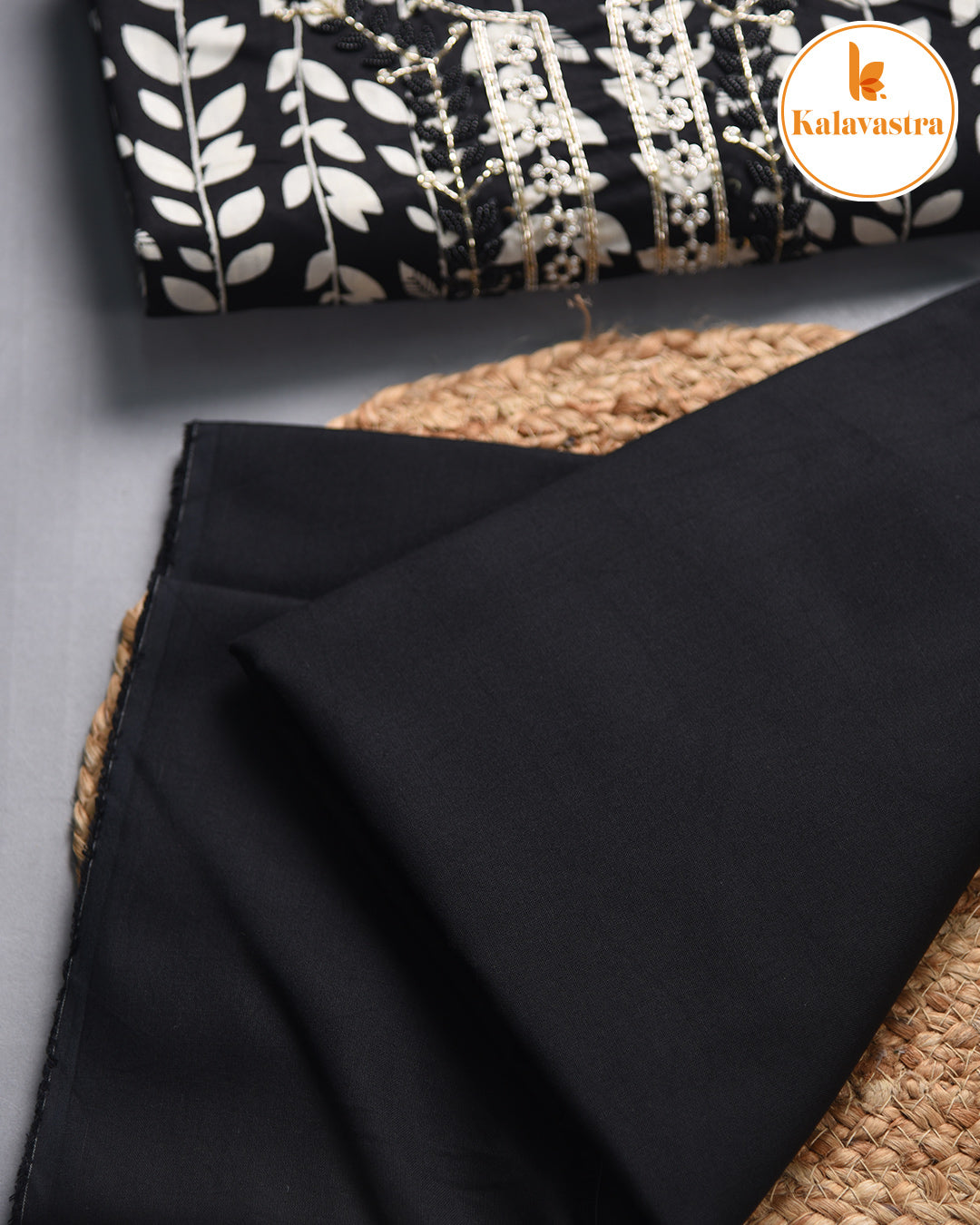 Black- Cotton Glazed - Printed With Embroidery - Unstitched Suit Fabric With Chiffon Dupatta