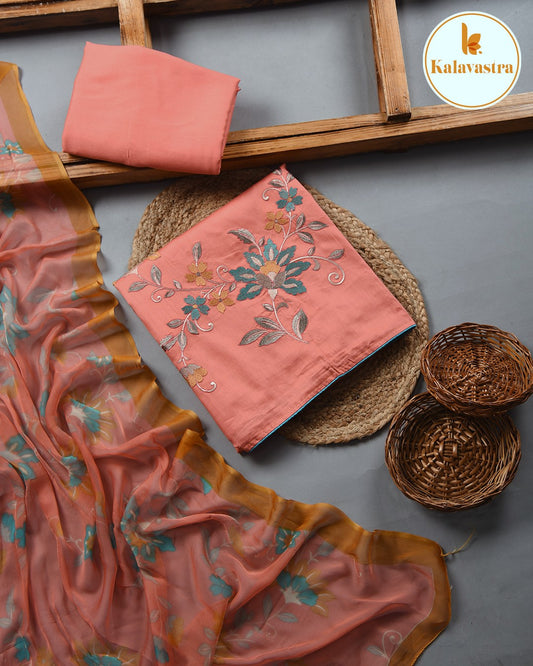 Peach - Cotton Glazed - Embroiderd - Unstitched Suit Fabric With Chiffon Printed Dupatta