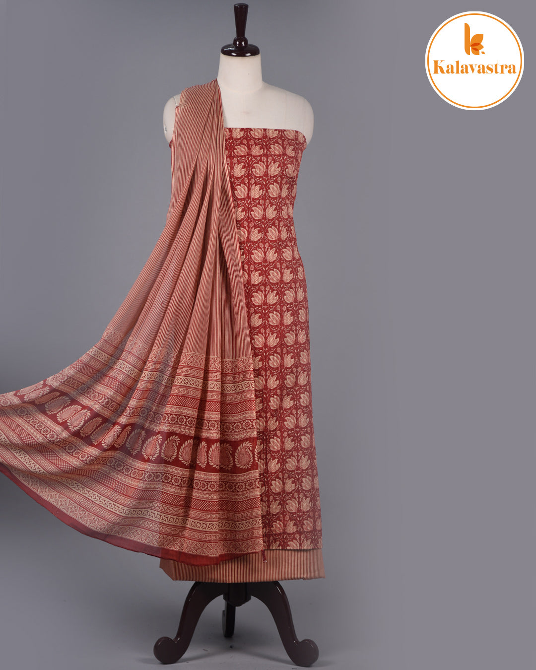 Maroon- Pure Cotton - Hand Block Printed With Embroidery - Unstitched Suit Fabric With Cotton Dupatta