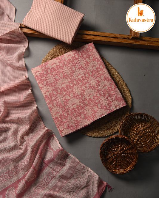Pink - Pure Cotton - Hand Block Printed With Embroidery - Unstitched Suit Fabric With Cotton Dupatta