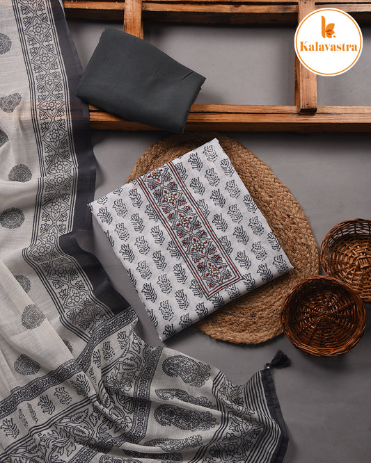 White With Gray - Linen - Printed With Embroidery Unstitched Suit Fabric With Linen Blend Dupatta