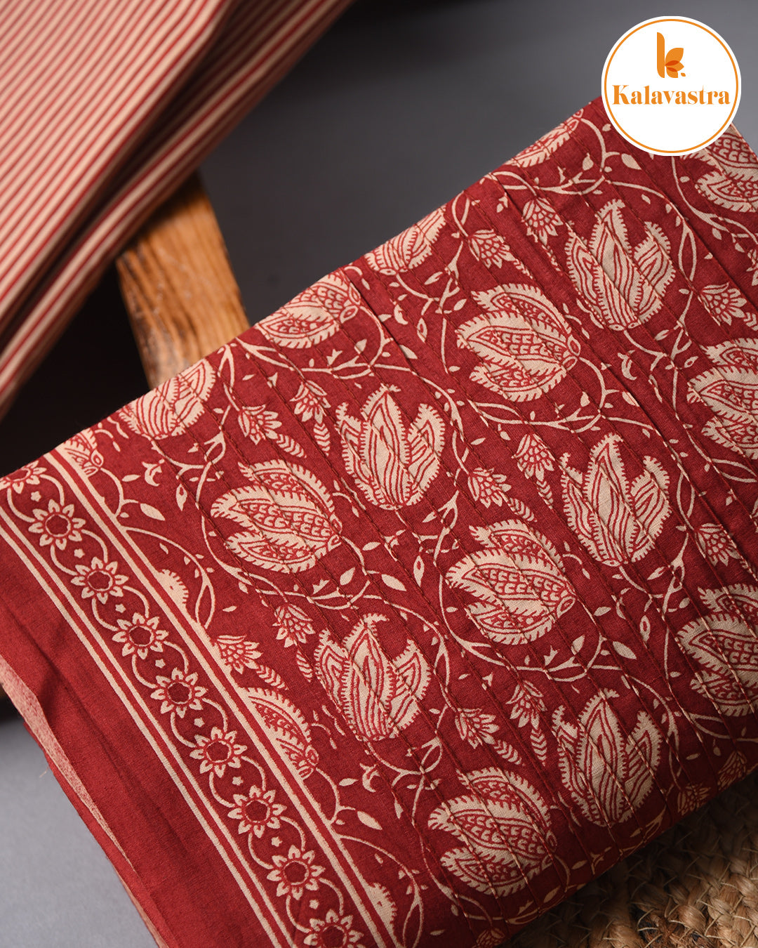 Maroon- Pure Cotton - Hand Block Printed With Embroidery - Unstitched Suit Fabric With Cotton Dupatta