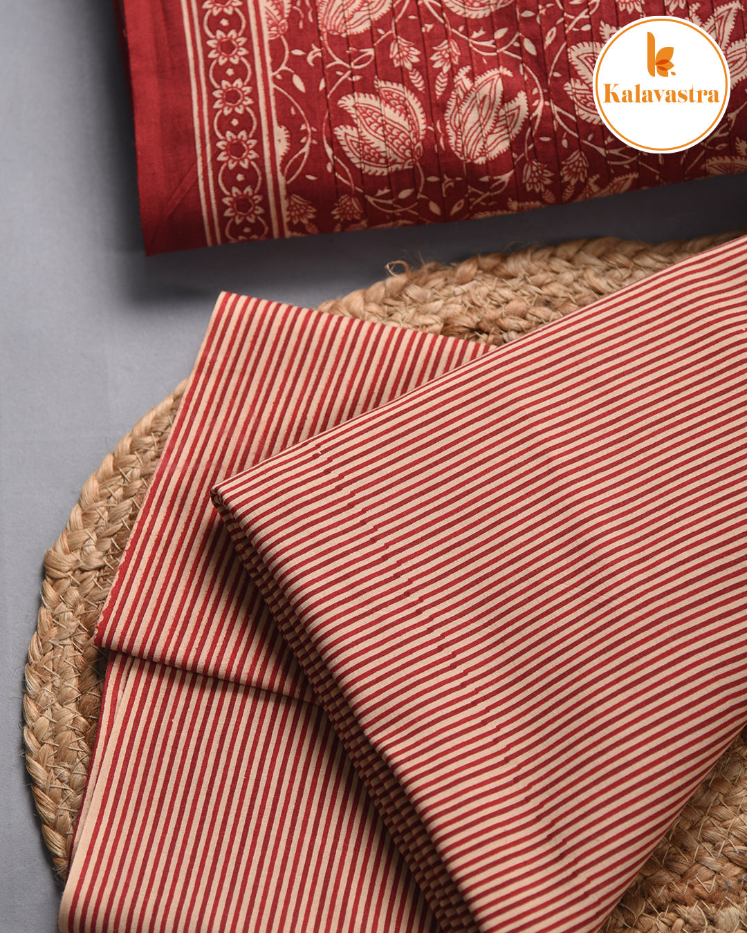 Maroon- Pure Cotton - Hand Block Printed With Embroidery - Unstitched Suit Fabric With Cotton Dupatta