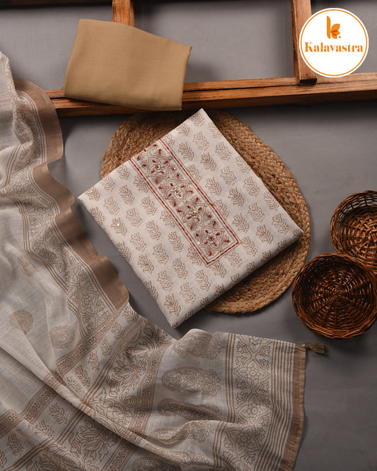 Off White With Camel - Linen - Printed With Embroidery Unstitched Suit Fabric With Linen Blend Dupatta