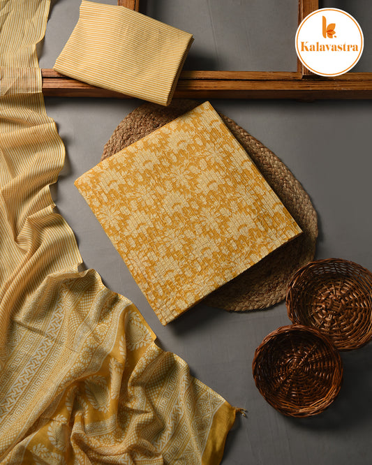 Yellow - Pure Cotton - Hand Block Printed With Embroidery - Unstitched Suit Fabric With Cotton Dupatta