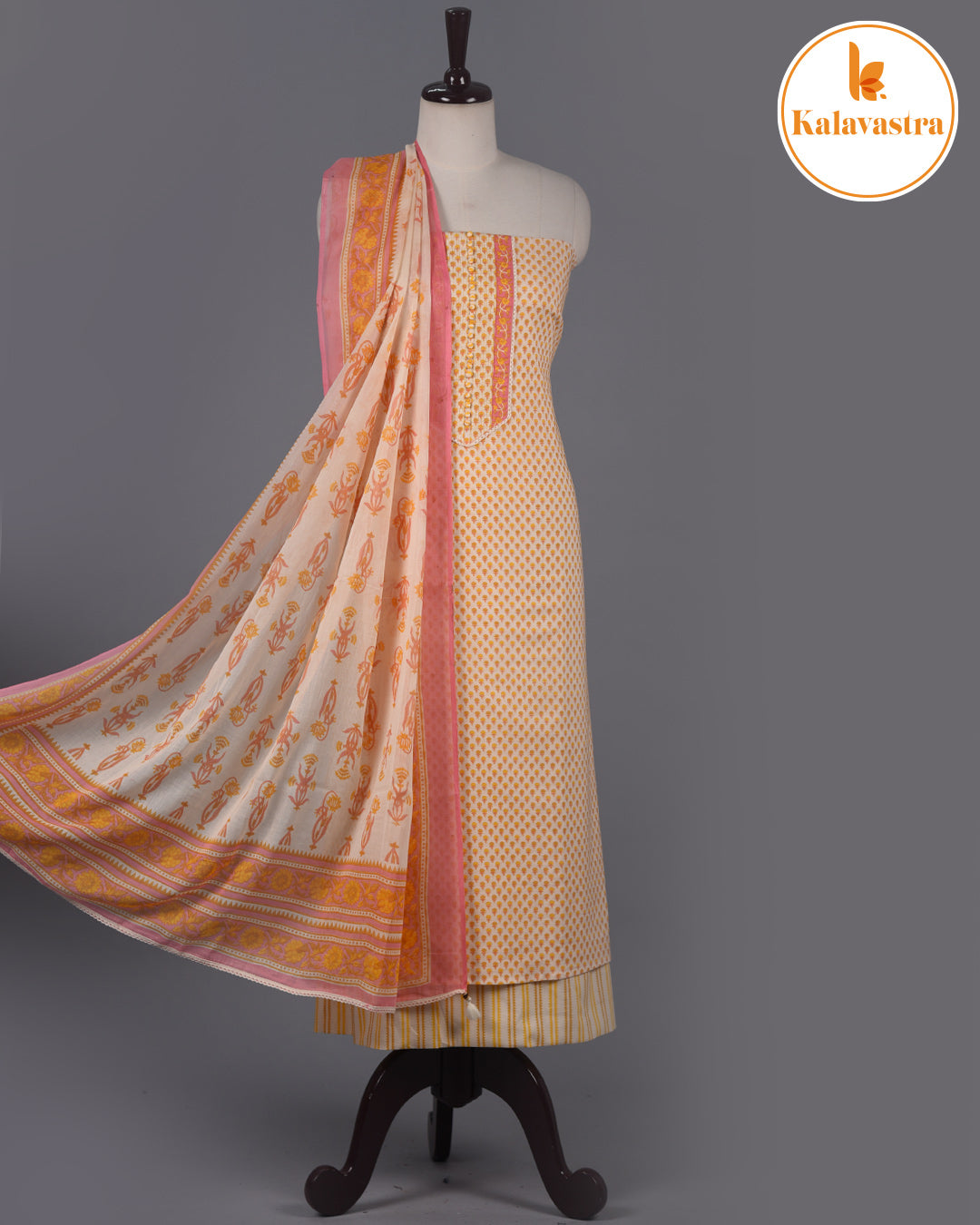 Cream With Yellow - Pure Cotton - Hand Block Printed - Unstitched Suit Fabric With Cotton Dupatta