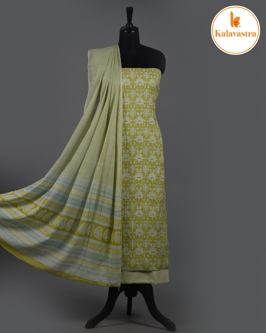 Lime Green- Pure Cotton - Hand Block Printed With Embroidery - Unstitched Suit Fabric With Cotton Dupatta