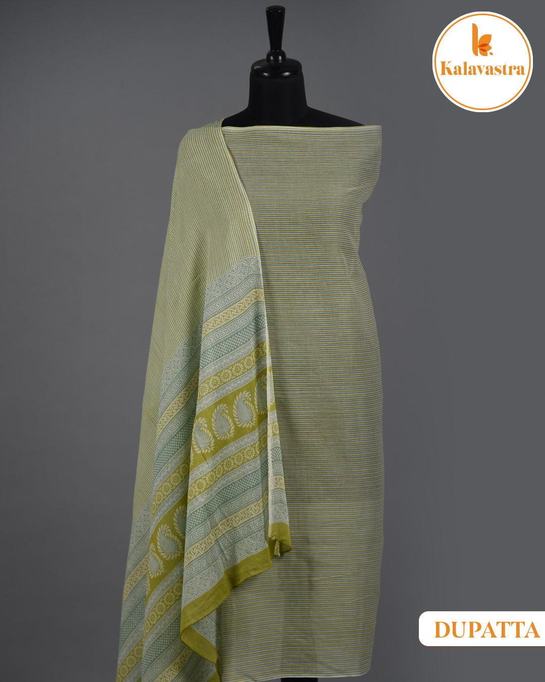 Lime Green- Pure Cotton - Hand Block Printed With Embroidery - Unstitched Suit Fabric With Cotton Dupatta