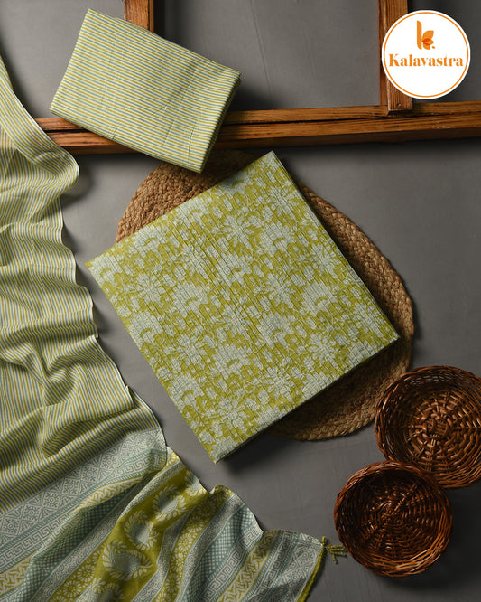 Lime Green- Pure Cotton - Hand Block Printed With Embroidery - Unstitched Suit Fabric With Cotton Dupatta