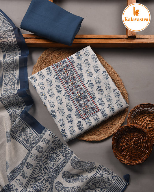 White With Blue - Linen - Printed With Embroidery Unstitched Suit Fabric With Linen Blend Dupatta
