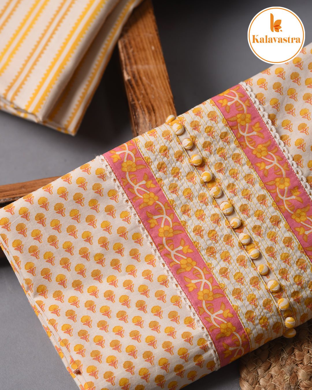Cream With Yellow - Pure Cotton - Hand Block Printed - Unstitched Suit Fabric With Cotton Dupatta