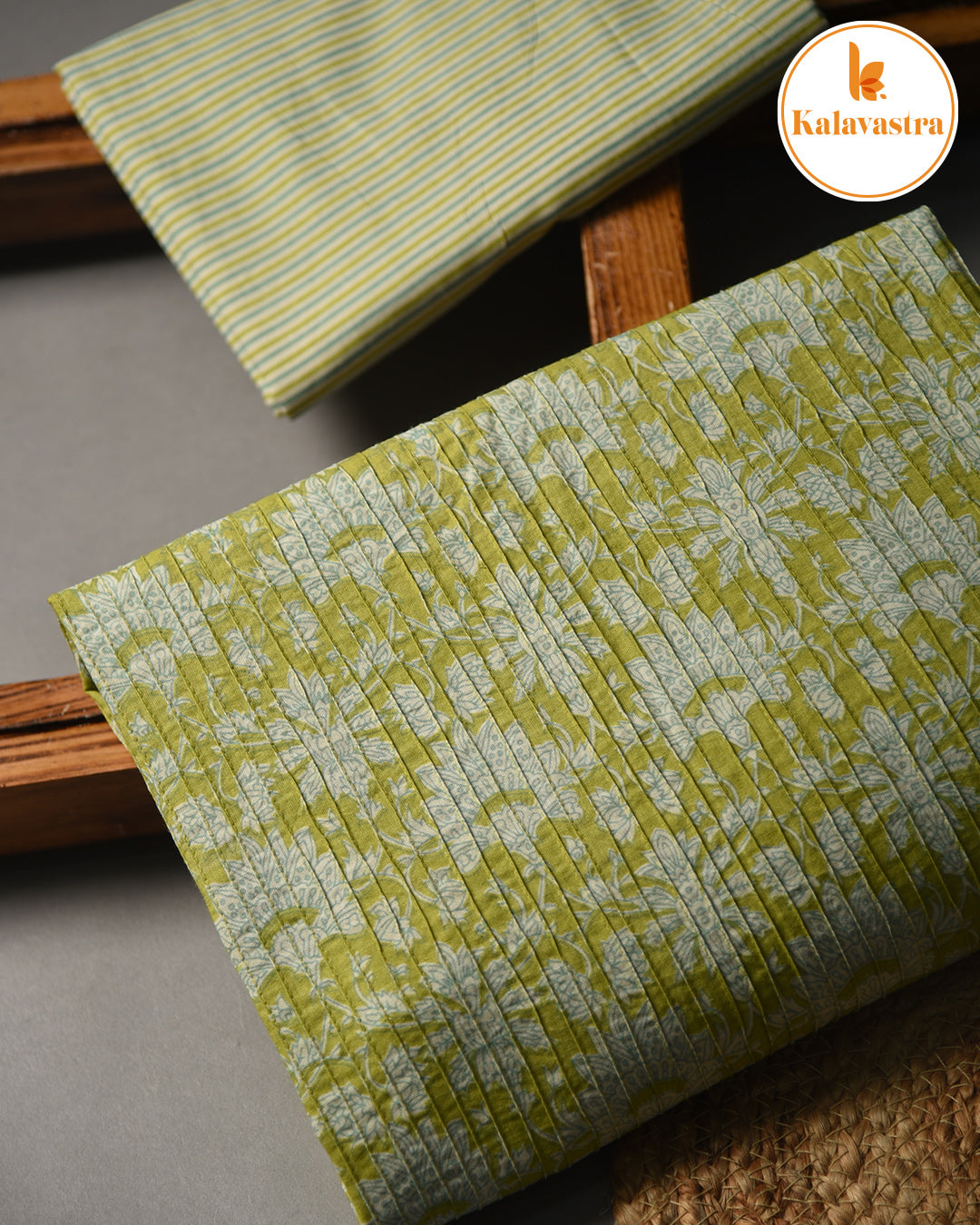 Lime Green- Pure Cotton - Hand Block Printed With Embroidery - Unstitched Suit Fabric With Cotton Dupatta