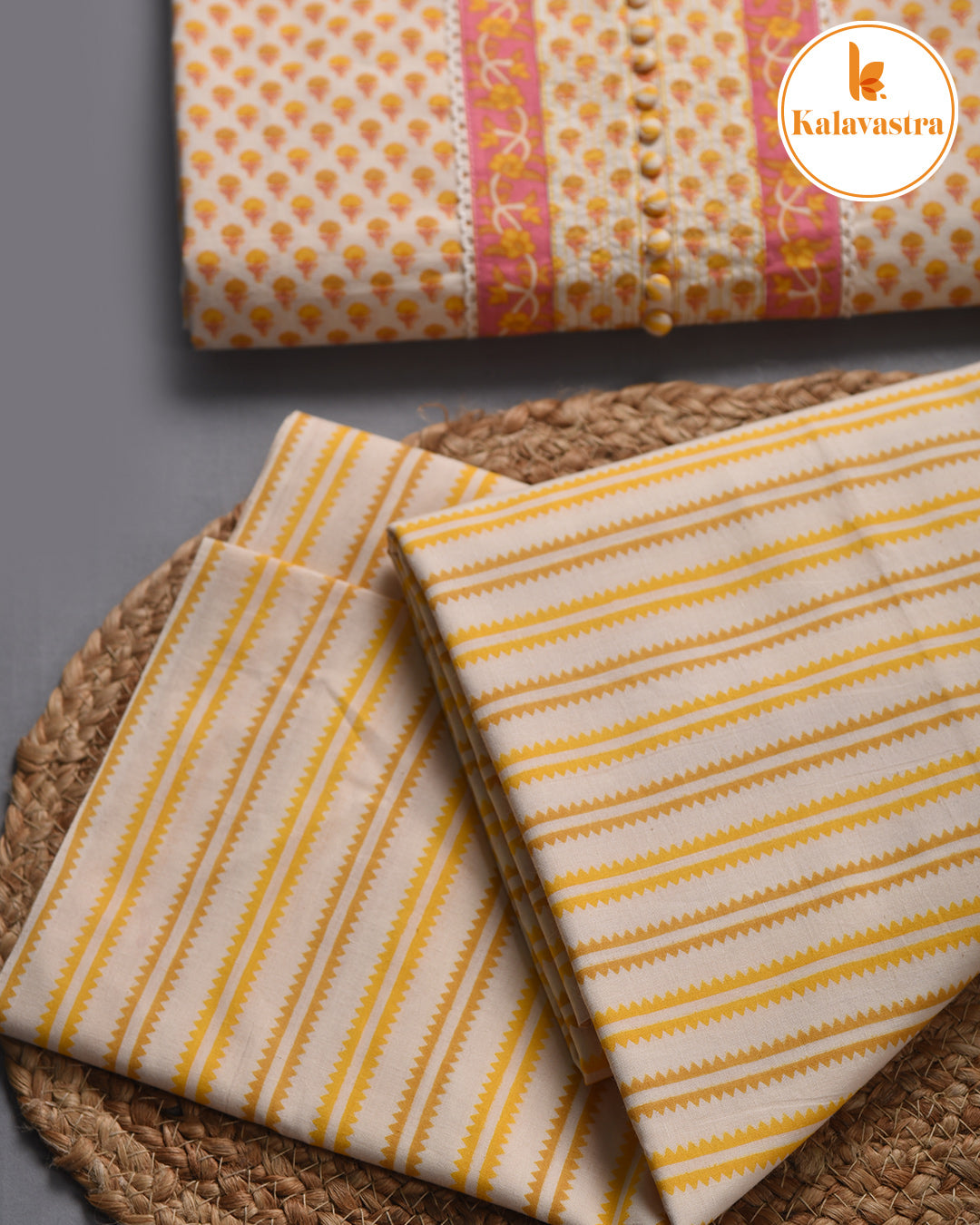 Cream With Yellow - Pure Cotton - Hand Block Printed - Unstitched Suit Fabric With Cotton Dupatta