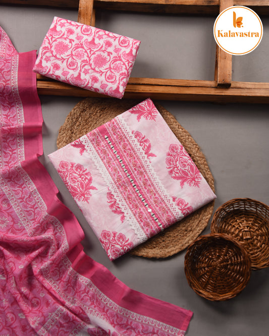 White With Pink - Pure Cotton - Block Printed Unstitched Suit Fabric With Cotton Dupatta