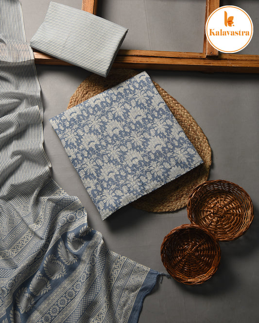 Blue- Pure Cotton - Hand Block Printed With Embroidery - Unstitched Suit Fabric With Cotton Dupatta