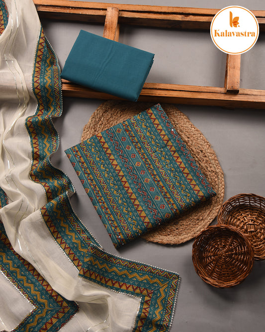 Turquoise - Cotton Blend - Printed With Embroidery Unstitched Suit Fabric With Cotton Dupatta
