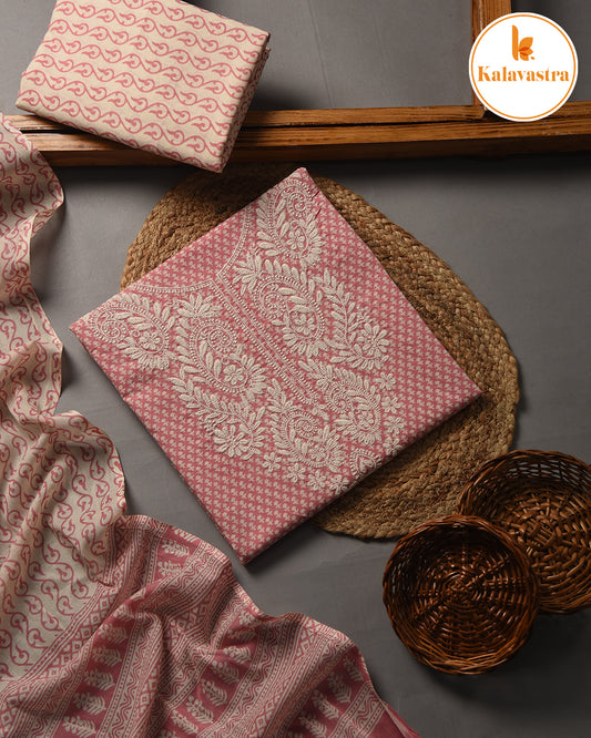 Pink - Pure Cotton - Hand Block Printed With Embroidery- Unstitched Suit Fabric With Cotton Dupatta