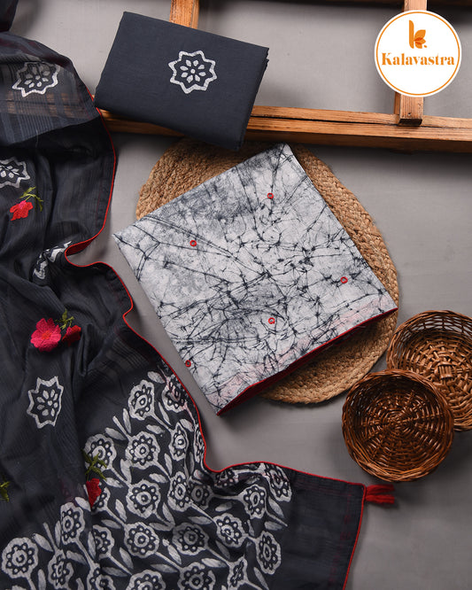 Gray - Cotton Flax - Tie-Dyed-Printed With Embroidery Unstitched Suit Fabric With Cotton Dupatta
