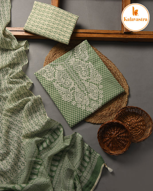 Green - Pure Cotton - Hand Block Printed With Embroidery- Unstitched Suit Fabric With Cotton Dupatta