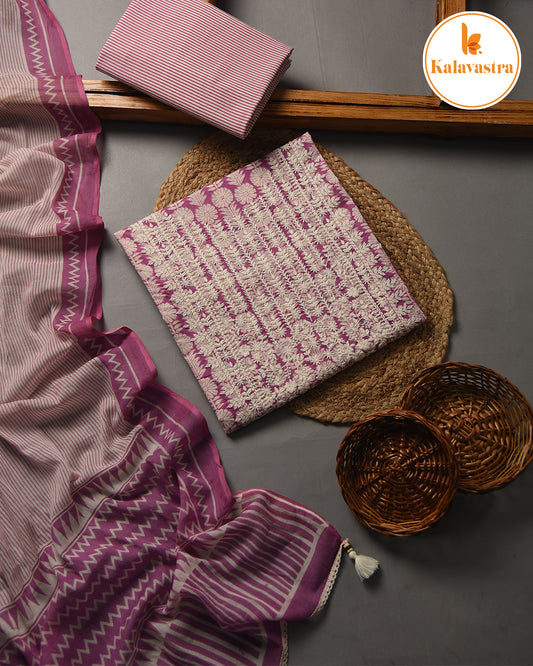 Purple- Pure Cotton - Hand Block Printed With Embroidery- Unstitched Suit Fabric With Cotton Dupatta