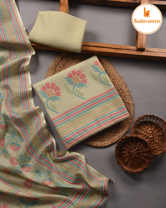 Pastel Green - Chanderi Blend- Printed With Embroidery Unstitched Suit Fabric With Chanderi Blend Dupatta