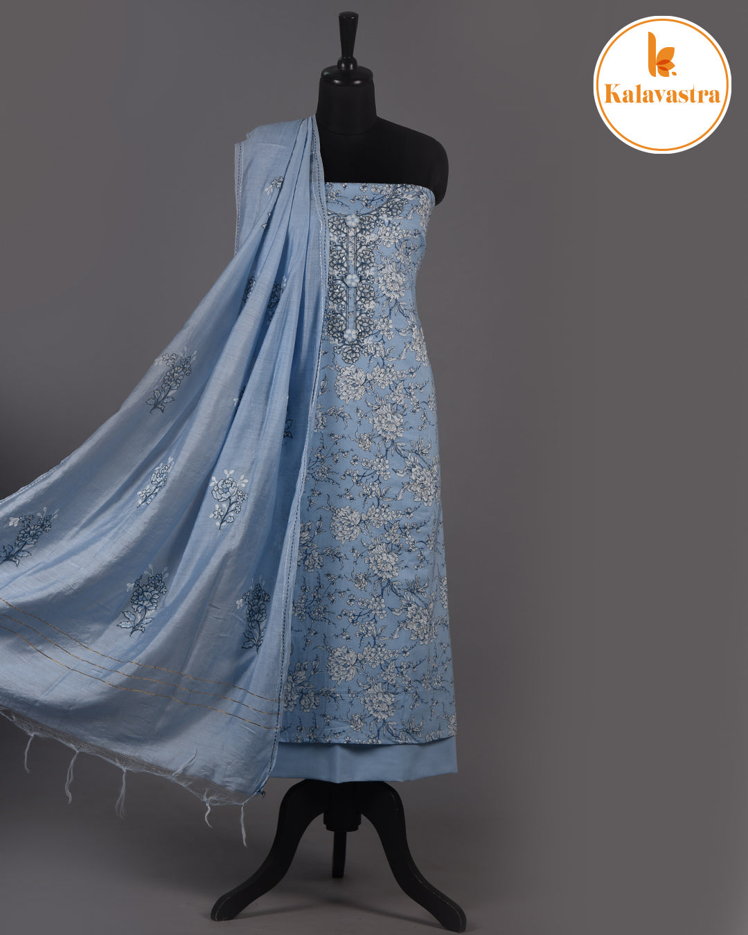 Blue - Pure Cotton - Printed With Embroidery Unstitched Suit Fabric With Chanderi Dupatta