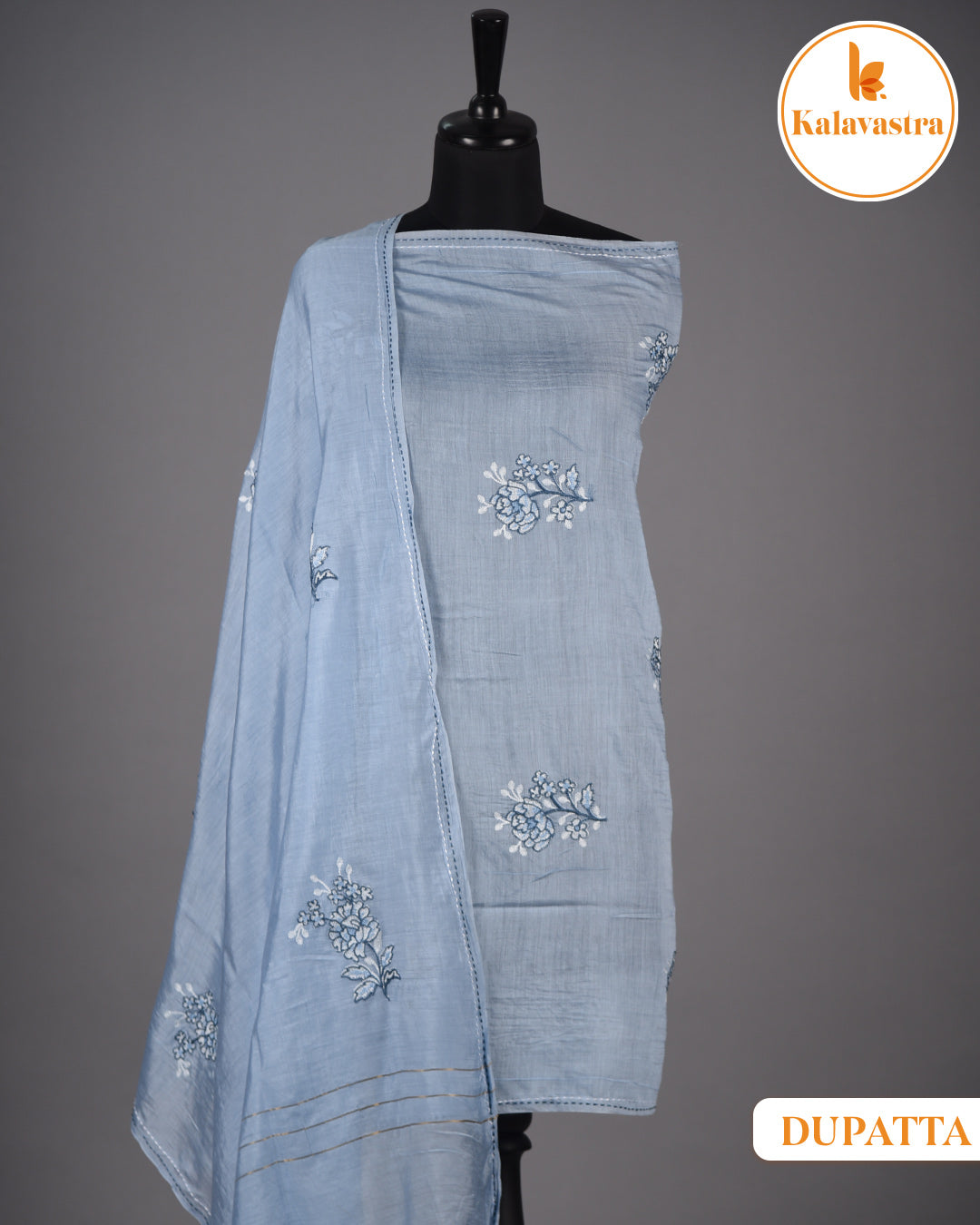 Blue - Pure Cotton - Printed With Embroidery Unstitched Suit Fabric With Chanderi Dupatta