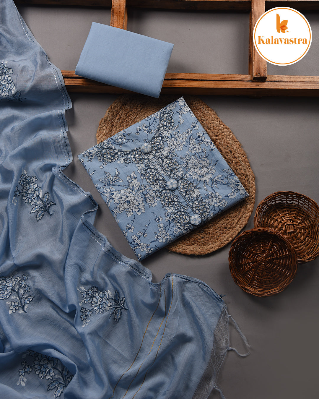 Blue - Pure Cotton - Printed With Embroidery Unstitched Suit Fabric With Chanderi Dupatta