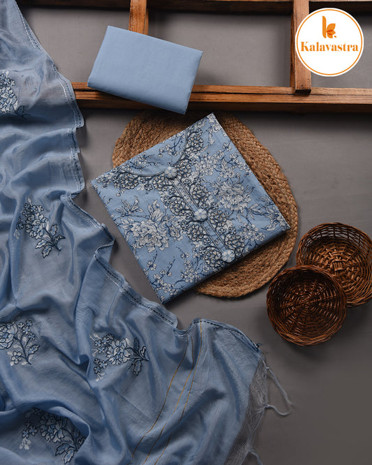 Blue - Pure Cotton - Printed With Embroidery Unstitched Suit Fabric With Chanderi Dupatta