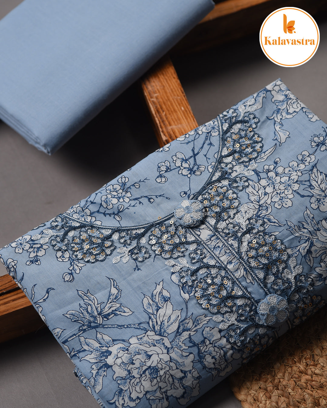 Blue - Pure Cotton - Printed With Embroidery Unstitched Suit Fabric With Chanderi Dupatta